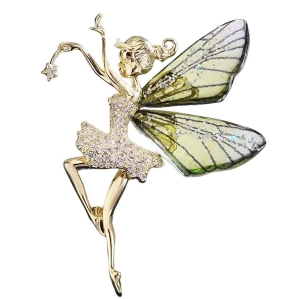 Beautiful Rhinestone & Resin Dancing Ballerina Fairy Rainbow Brooch Pin Green